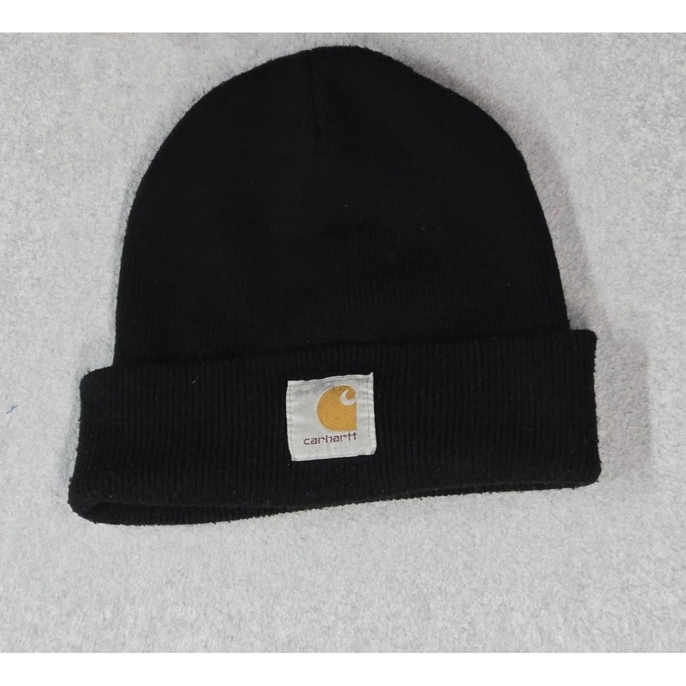 Carhartt Men Beanie ONE SIZE Black Knit Cuff Foldover Logo Patch